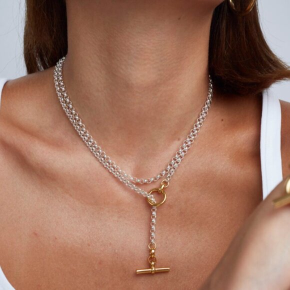 Silver and Gold Lariat Necklace - T-bar chunky belcher chain with the clasp - Picture 1 of 2